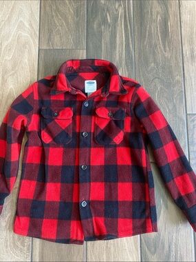 Old Navy Red and Black Buffalo Plaid Fleece button-up shirt youth 6/7